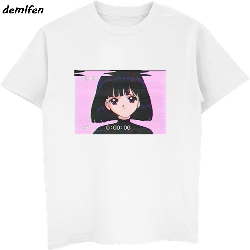 2019 Unisex Short Sleeve T Shirt Sad Girl Retro Japanese Anime Vaporwave Funny Clothes Novelty Hip Hop Tees Tops Harajuku Tshirt
