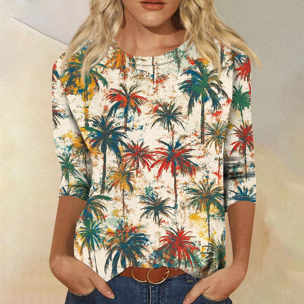 Módní vintage top s 3/4 rukávem pro ženy, dámská ležérní halenka s tříčtvrtečním rukávem a kulatým výstřihem s potiskem