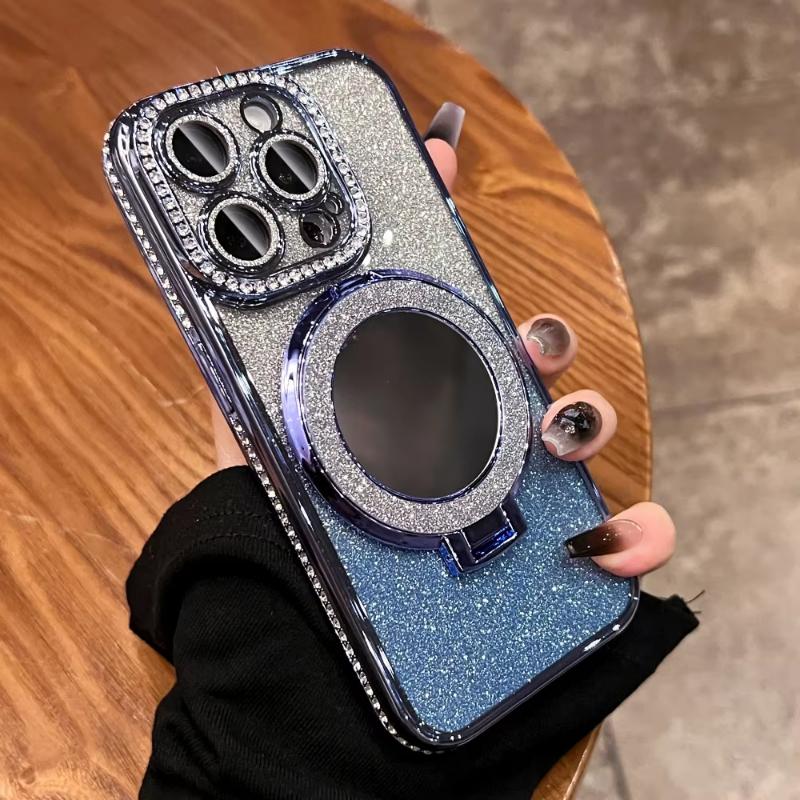 Diamond Glitter For Magsafe Bracket Phone Cases For iPhone 17 16 15 14 13 12 11 Pro Max Air Mirror Magnetic Holder Stand Cover
