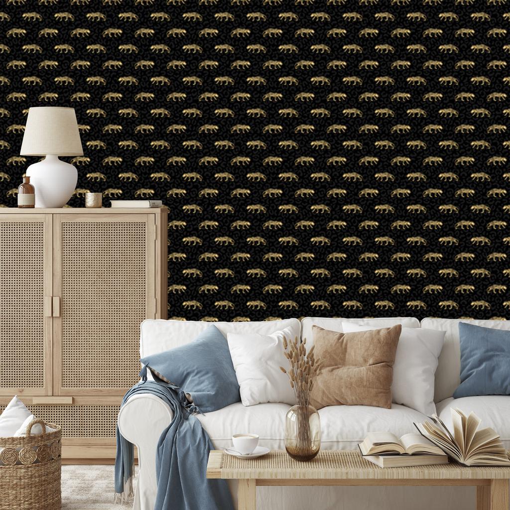 Black and Gold Tropical Pattern Wallpaper, Black, Ochre Center, 50x1000