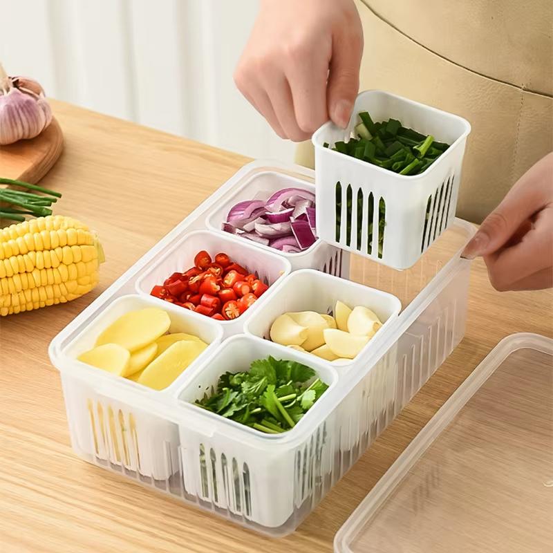Refrigerator Storage Box 4/6 Grid Food Vegetable Fruit Storage Box Kitchen Fresh-keeping Box Drain Basket Kitchen Organizer