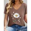 Women's V-Neck T-Shirt Flowers Print Tees Summer Short Sleeve Top Casual