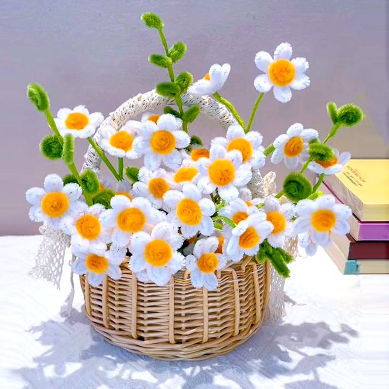 5Pcs Pipe Cleaner Handmade Daisy Flower Home Decor Finished Artificial Chenille Stems Daisy Bouquet