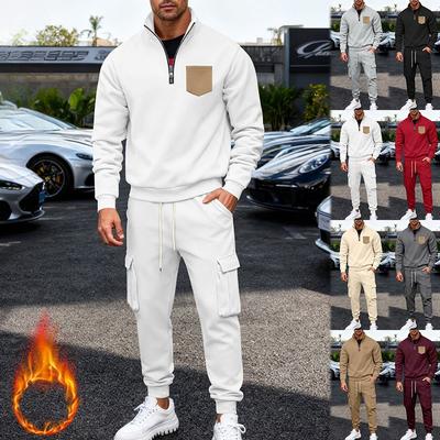 Autumn/Winter Heavyweight Men's Oversized Fleece-Lined Workwear Commuter Stand-Collar Sweatshirt & Workwear Sweatpants Two-Piece Set