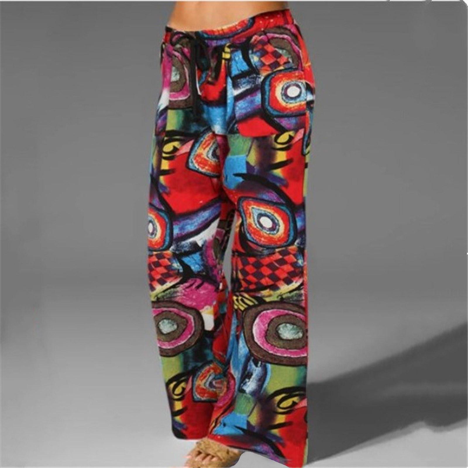 Women s Casual Print Cotton Linen Elastic Waist Drawstring Long Wide Leg Pants S красный