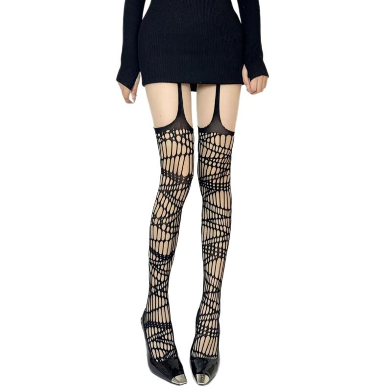 Patterned High Waist Fishnet Pantyhose for Women Aesthetic Garter Belt Thigh High Stockings Sheer Suspender Pantyhose