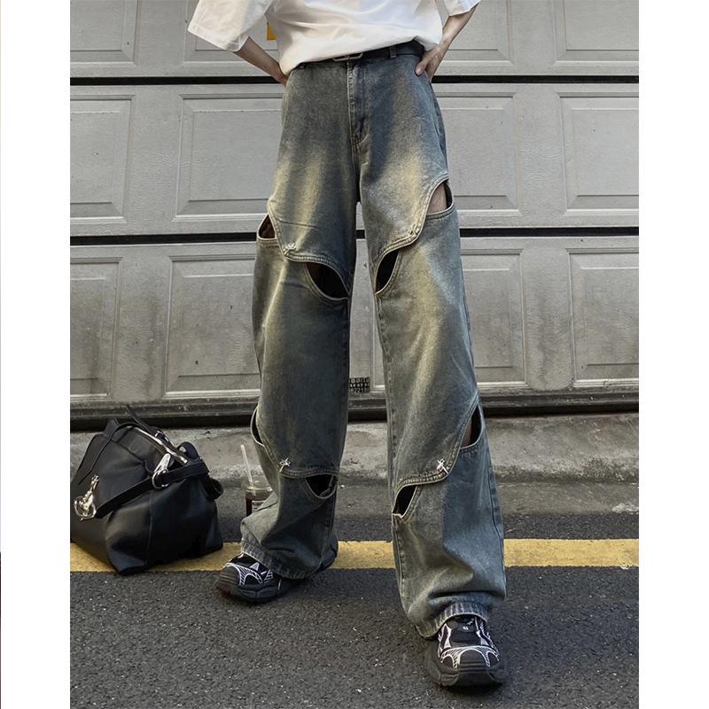 

Men s Korean Punk Style Wide-Leg Ripped Jeans with Metal Cutouts 2XL