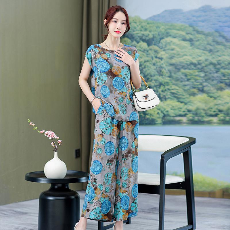 Seturi de pantaloni de vară marimi mari pentru femei, elegante, largi, cu imprimeu vintage, 2 piese