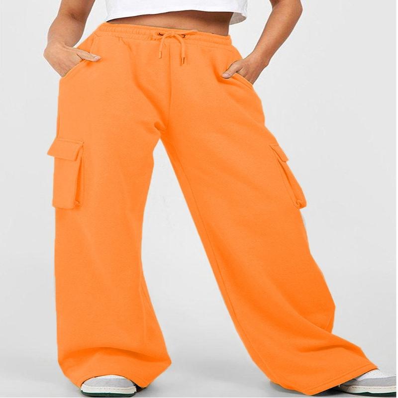 Women's Solid Color Drawstring High Waist Cargo Pocket Wide Leg Sweatpants Casual Loose Fit Sport Trousers