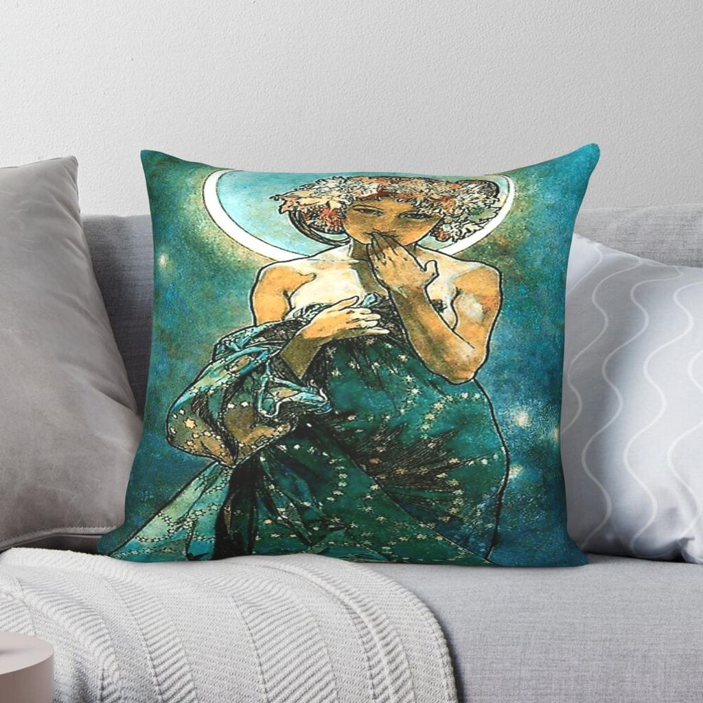 Alphonse Mucha Moonlight Square Pillowcase Polyester Linen Velvet Pattern Zip Decor Sofa Seater Cushion Cover 45X45