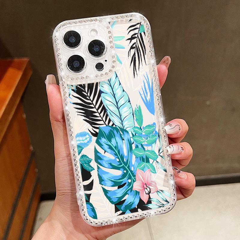 Luxury Floral Pattern Clear Shockproof Case For iPhone 16 Pro Max 16E 15 14 Pro 13 12 11 Diamond Frame Anti-Fall Soft Silicone Phone Cover