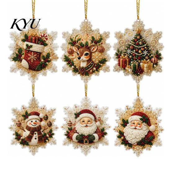 Acrylic Santa Hanging Ornaments 6 Pcs Christmas Pearl Art Ornaments, 2D Flat Holiday Tree Pendant, Decorations Effect Decoration for Home Wall