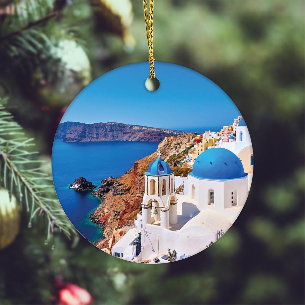 Greece Christmas Ornaments Santorini Island Souvenir,Xmas Tree Hanging Ornaments Ceramic Keepsake