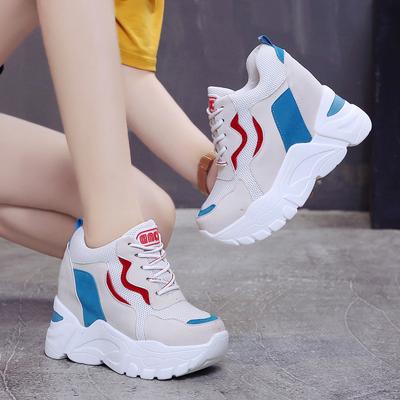 Fashion 2024 Women's High Platform Shoes Breathable PU Shoes Women Height Increasi Shoes 9CM Wedges Thick Sole Trainers Ladies Sneakers