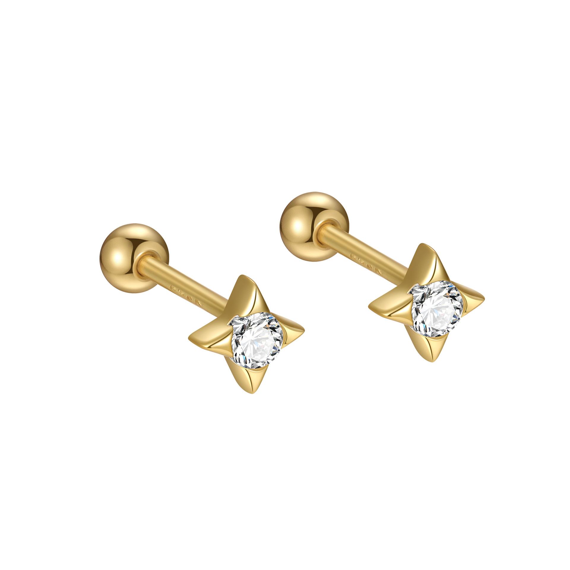 

S925 Sterling Silver Inlaid Zircon Star Screw Earrings for Women Simple INS Fashionable Versatile Plating K Gold Earrings