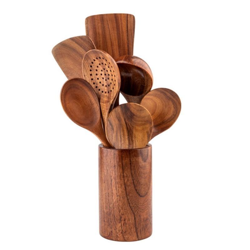8 Pieces Wooden Cooking Spoons Wooden Tableware for Cooking Utensils Rack Natural Teak Wooden Kitchen Utensils Set