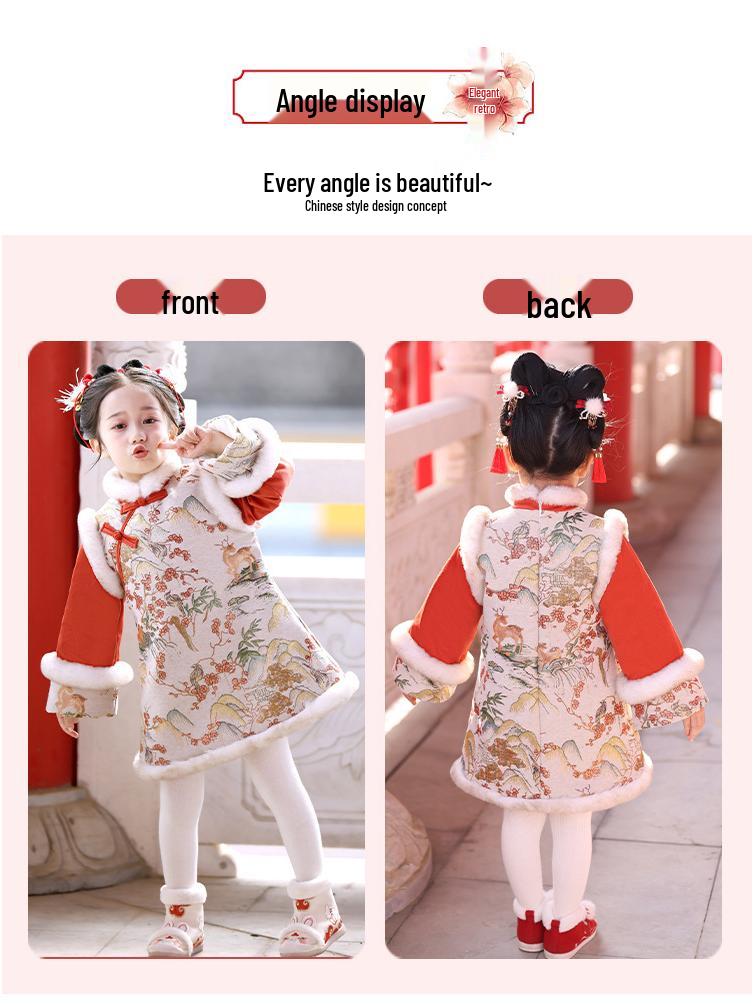 Girls' Winter Hanfu Cheongsam: Fleece-Lined Cotton Dress for Baby's First Birthday