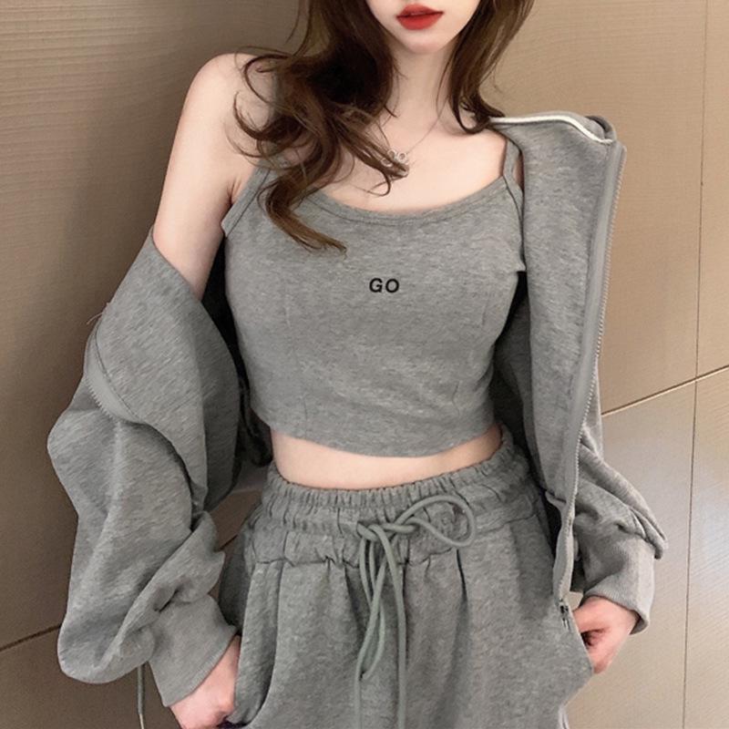 2024 Spring Hong Kong Style Women's Casual Three-Piece Sportswear Set: Long Pants, Zipper Hoodie, Camisole.