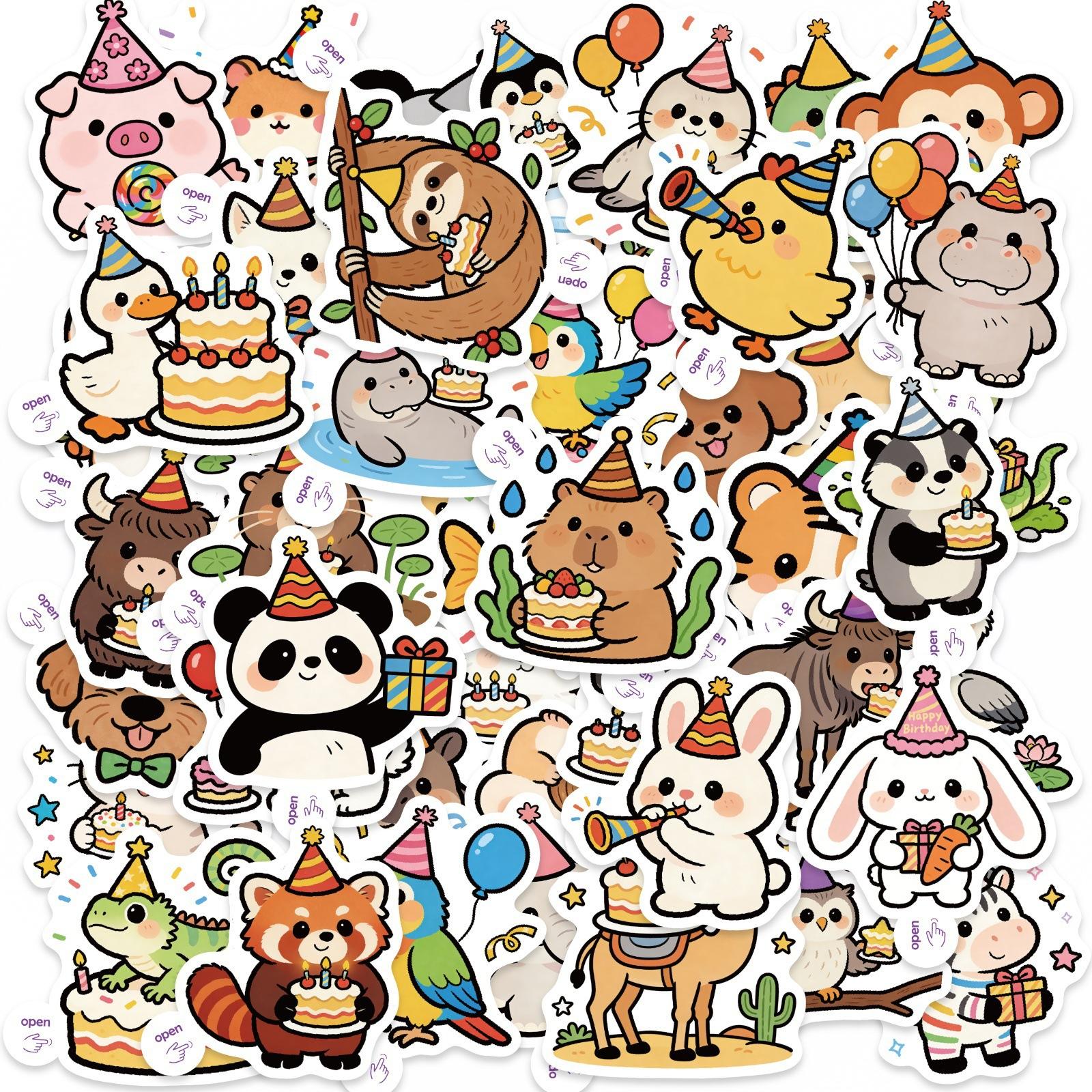 

50/100 Pcs Cartoon Animal Birthday Stickers DIY Easy Peel for Scrapbook Phone Suitcase Pen Holder Lunch Box Cup Car Decals