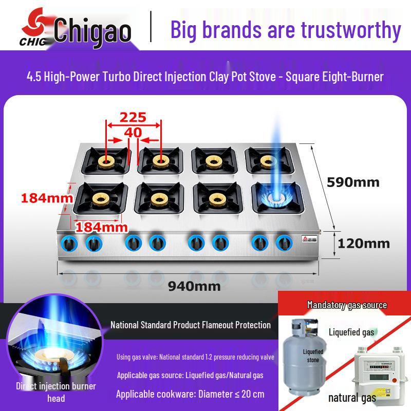 Zhigao Commercial Multi-Head Natural Gas Stove - 4-Burner with Clay Pot & Flameout Protection