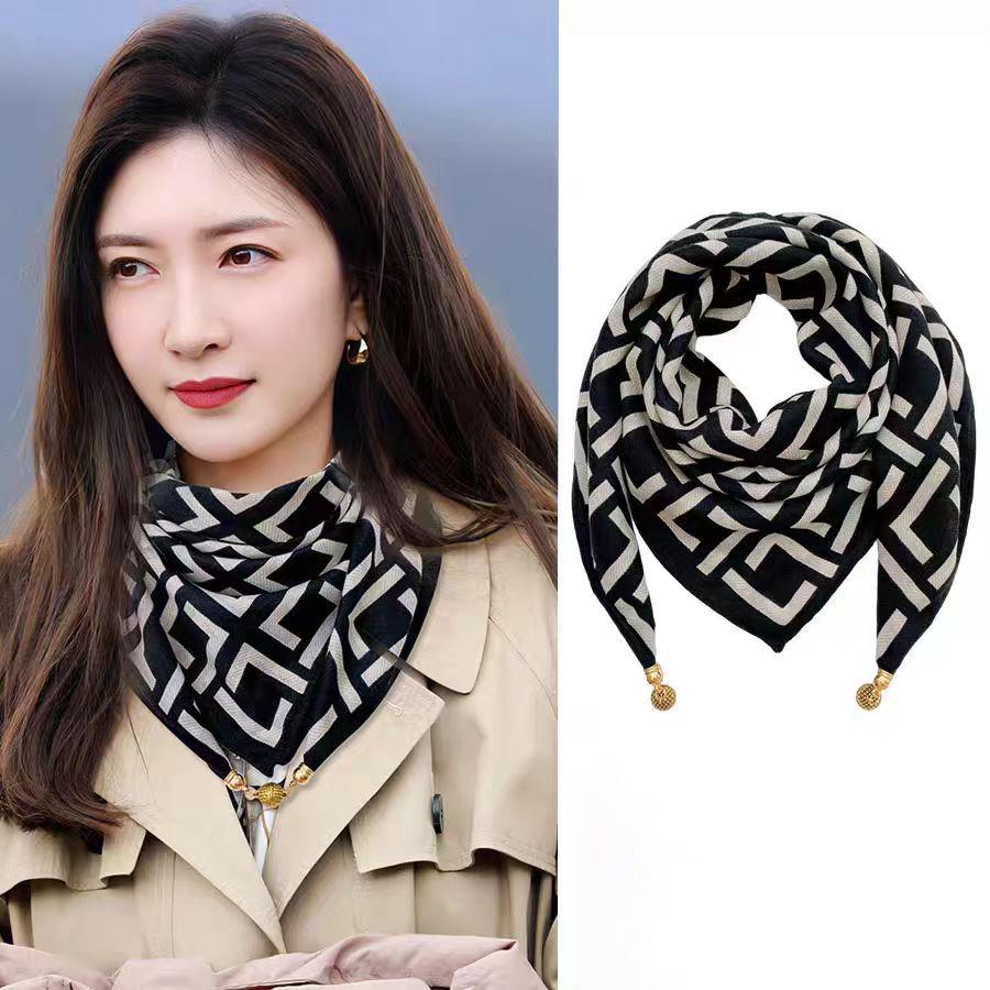 Silk Scarf with Magnetic Buckle - Square, Fashionable Winter Accessory for Women