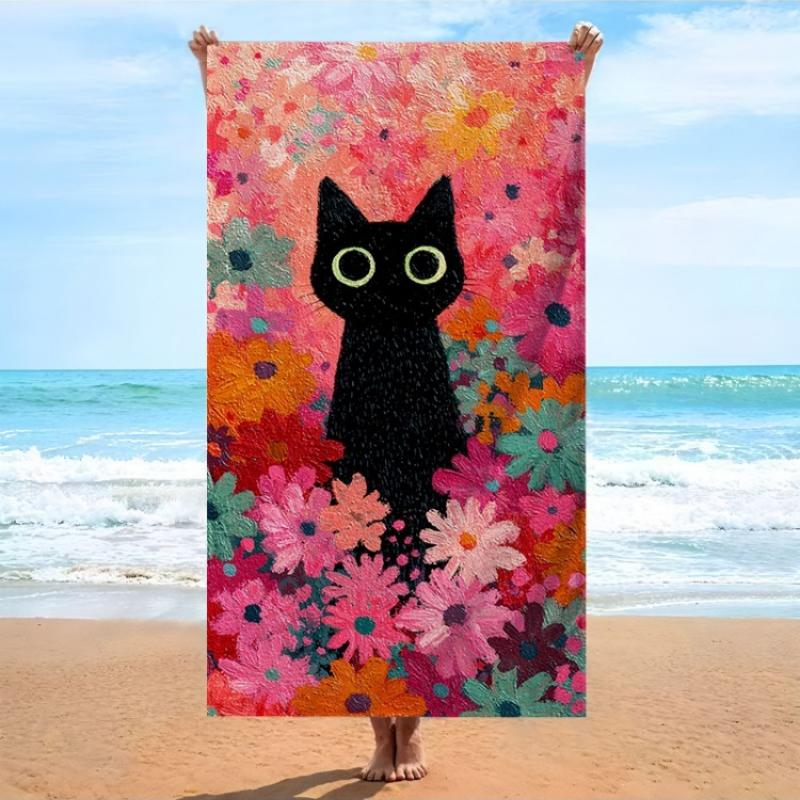 

1pc Large Black Cat & Floral Bath Towel - Soft Microfiber Beach Towel with Cute Kitten & Flower Design, Unisex for s &, Swimming W40*H60(CM)