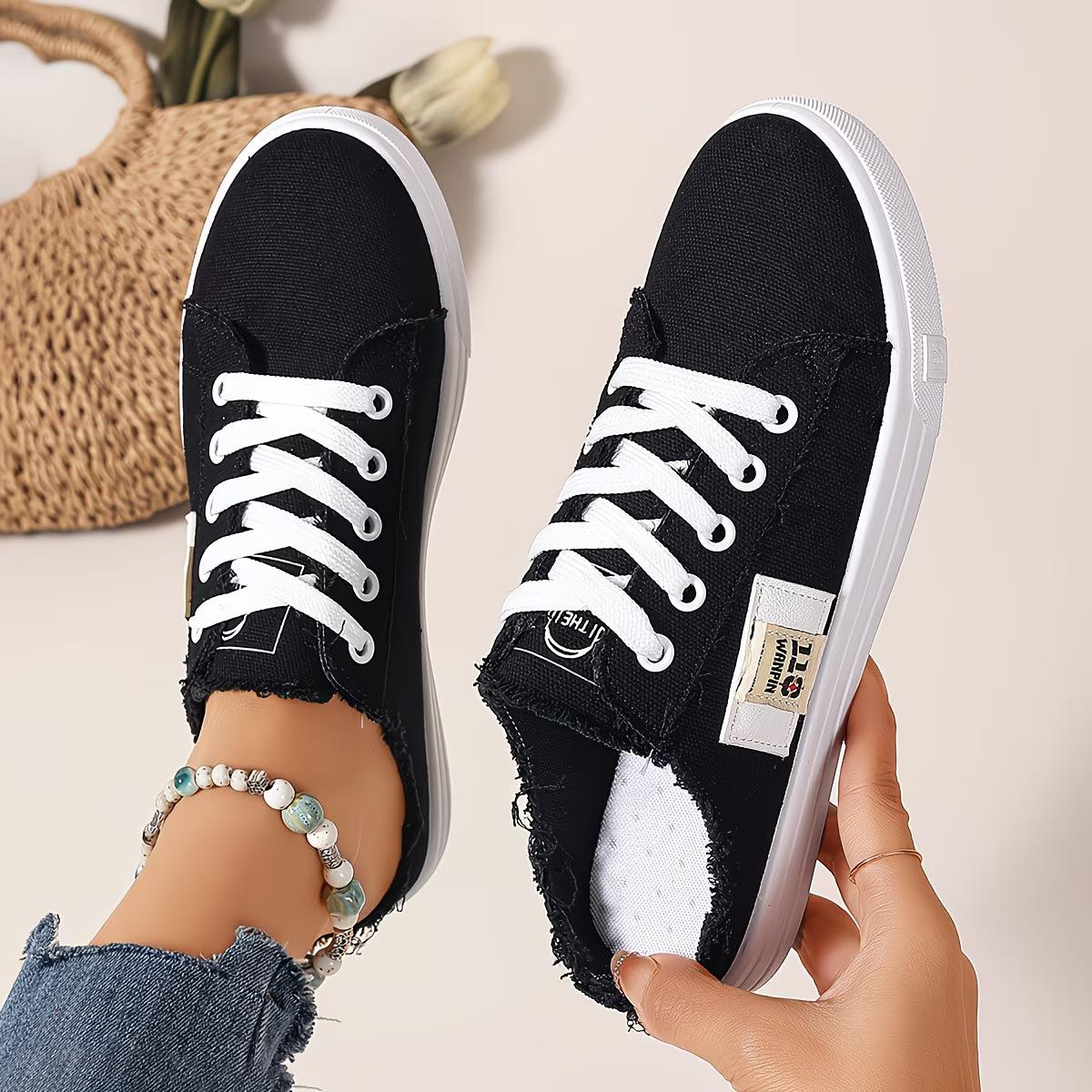 Modische Bequeme Vielseitige Flache Trendige Schnür-Halbschuhe, Damenschuhe 36 schwarz