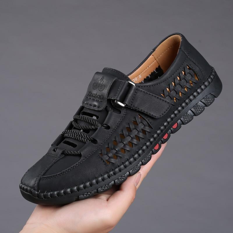 Men's Sandals Hollow Hole Shoes Breathable Casual Leather Shoes 2025 New Summer Men's Shoes Leather Soft-soled Leather Sandals