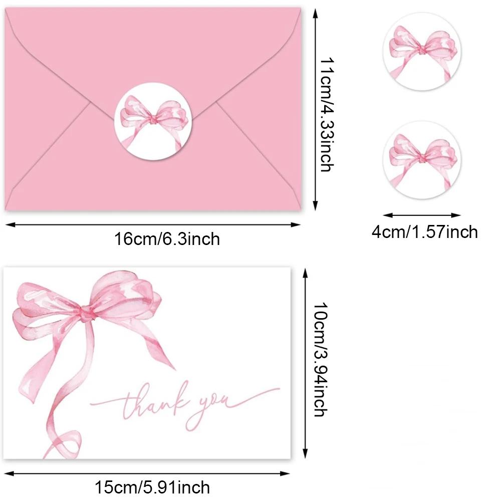 Runtow 10pcs Pink Bow Thank You Cards ,Wedding Greeting Cards with Envelopes ,Birthday Party Invitation Card