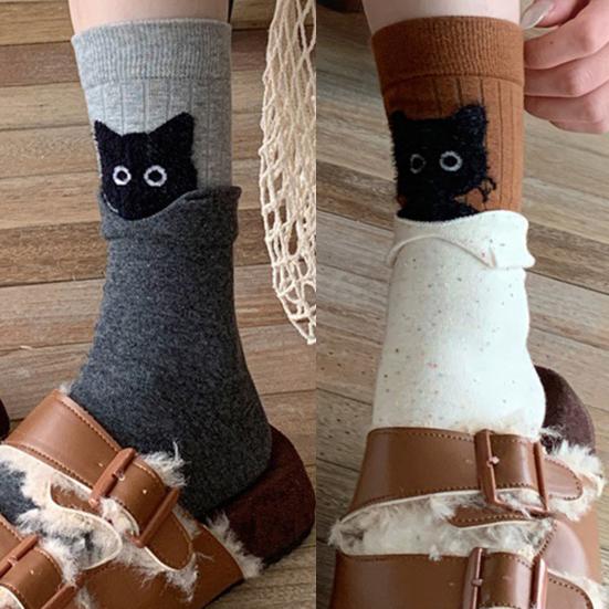 1 Pair Cartoon Cat Socks Autumn Winter Moisture Wicking Knitted Mid-calf Stretch Men Women