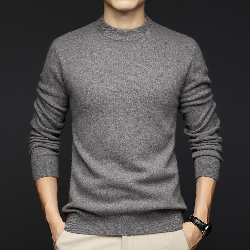Winter 2025 Men's Cashmere Round Neck Sweater - Fashionable, Warm, Solid Color Base Layer