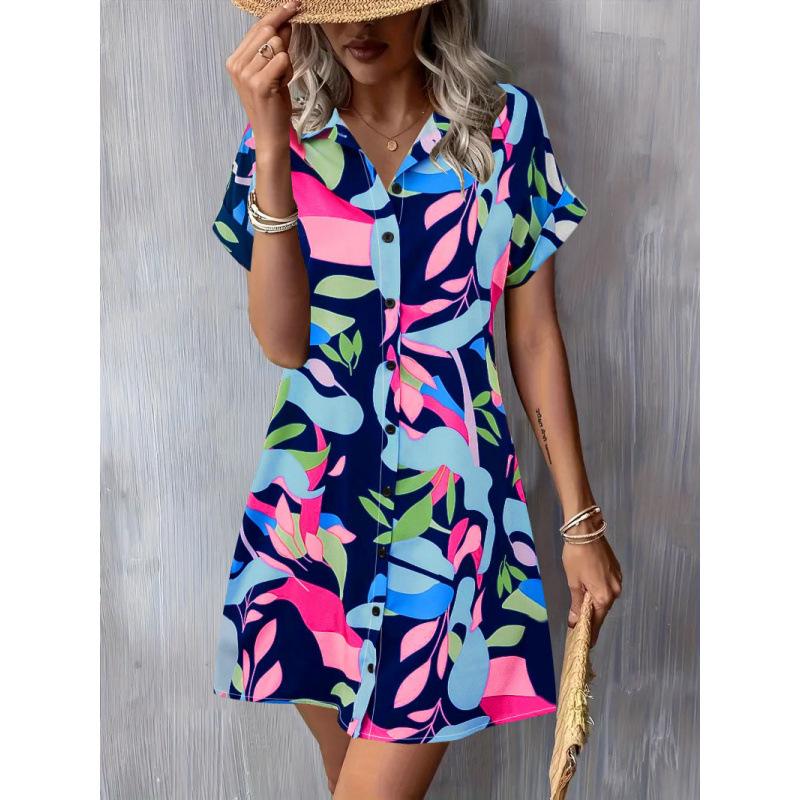 2025 Amazon cross-border summer new fashion temperament commuter short sleeve printed shirt button dress women's clothing