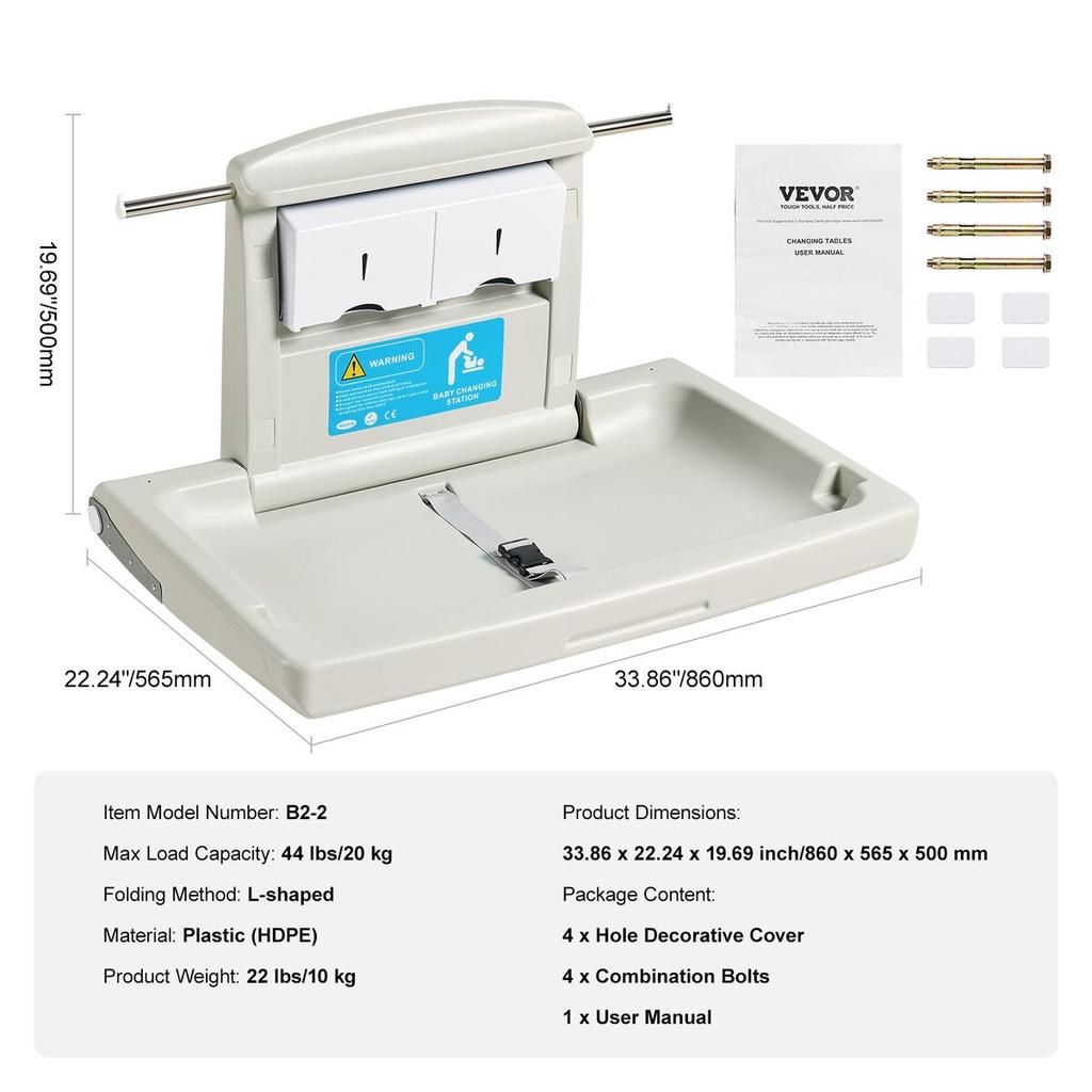 Wall-Mounted Baby Changing Station, Horizontal Foldable Diaper Change Table with Safety Straps and Hanging Rods, Use in Commercial Bathrooms, Daycare