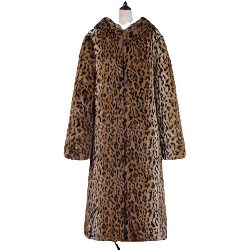 Autumn and winter new women's long hooded imitation fur coat top women's leopard print coat