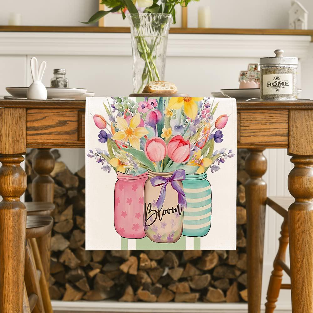 Hydrangea Butterfly Linen Table Runner - Colorful Floral Decor for Kitchen, Dining, or Party