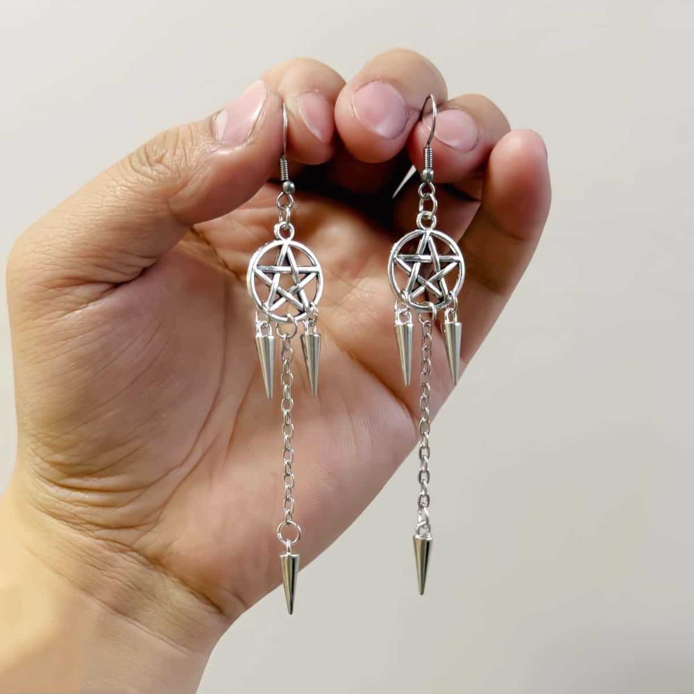 Gothic Punk Silver Color Hollow Out Pentagram Spike Tassel Chain Long Dangle Earrings for Women Halloween Witch Pagan Jewelry