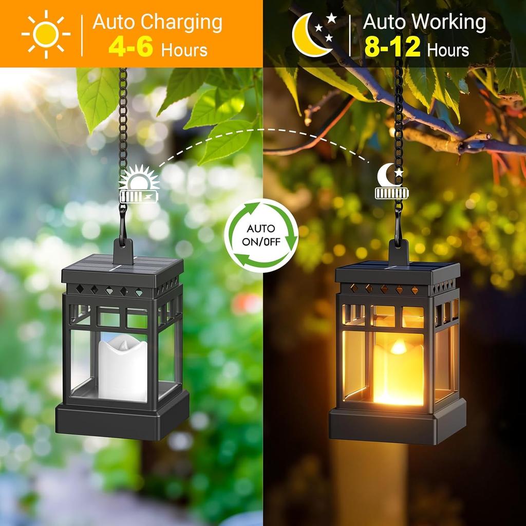 Solar Lanterns Outdoor Waterproof, 2 Modes LED Flameless Candle Hanging Light for Patio Yard Tree Decor