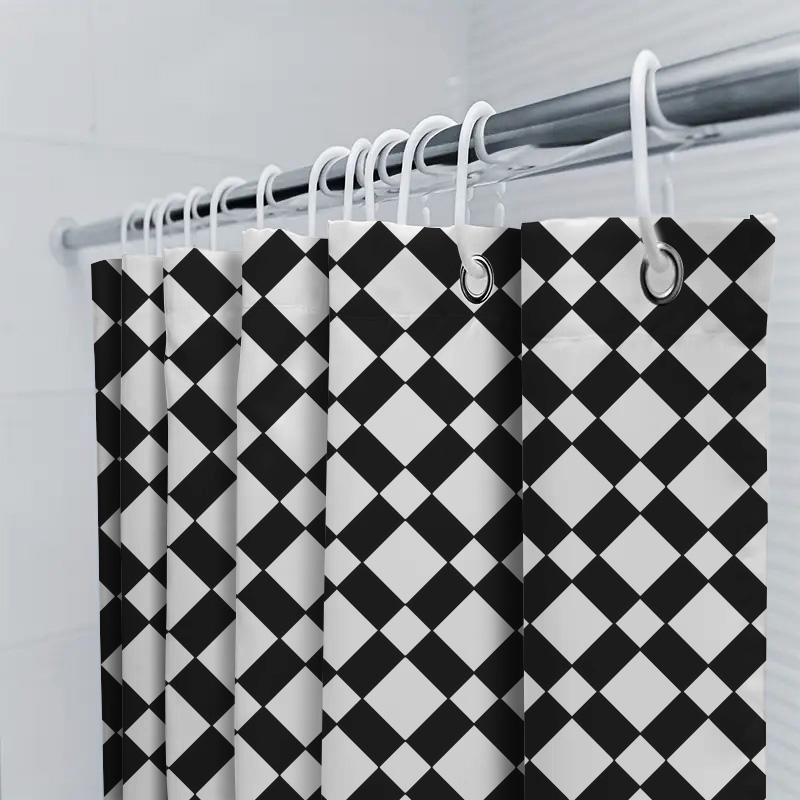 Modern Bathroom Decor: Bold Black White Checkered Shower Curtain Set For Bathrooms Waterproof Fabric With Hook Rings (205X183Cm)