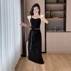 High Quality Summer New Feifei Sleeves Square Neck Temperament Belt Sweet and Thin Suspender Dress Women