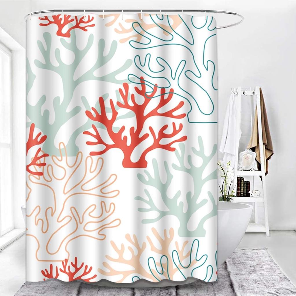 Shower Curtain Pattern Red Pink and Mint Coral Tropical Reef Nautical Waterproof Polyester Fabric with Hooks
