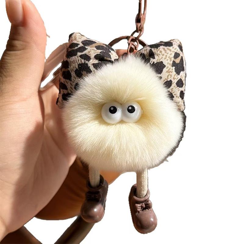 Leopard Print Rex Rabbit Fur Bow Keychain - Small Cartoon Doll Ornament
