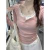 Spring Pink Girly T-shirt Women's Lace Button-up Top Fake Two-piece Waist Pleated Bottoming Shirt