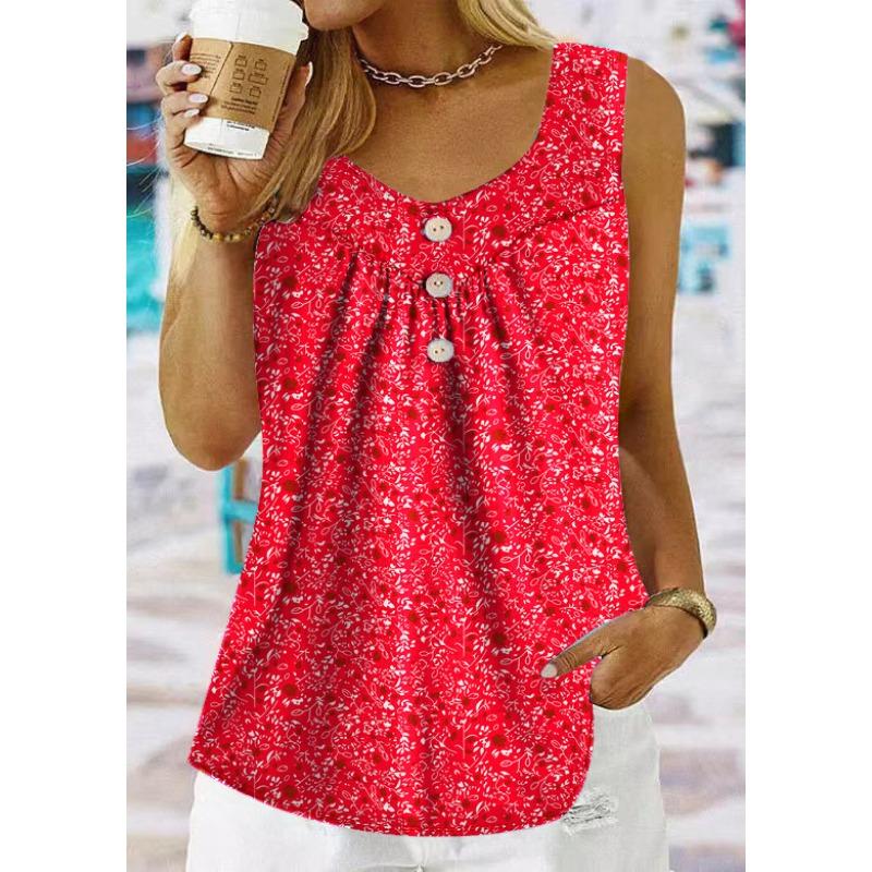 

YYFS Женская мода Повседневная Лето Весна Цветные Блоки Принт Без Рукавов V-образный вырез Блузки и Рубашки XXL красный