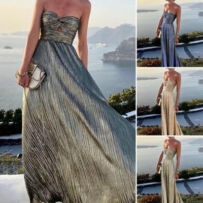 Bronzing Backless Large Hem Maxi Dress Knot Chest Wrapping Off Shoulder Gown