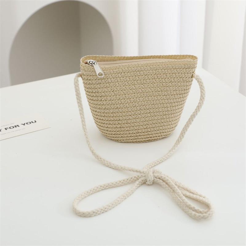Summer Solid Color Straw Bag Shoulder Messenger Round Bag Children Versatile Outing Beach Bag Light Board DIY Round Weaving