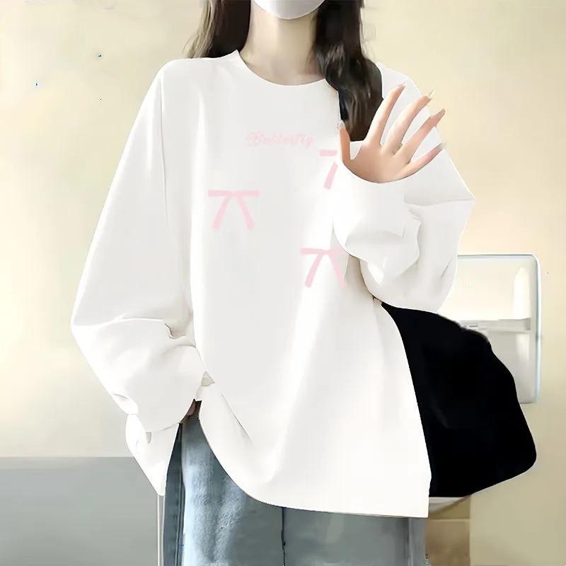 T-shirt décontracté à manches longues, Haut à col rond avec imprimé nœud pour femmes, pour l'école, le streetwear et les vêtements d'intérieur