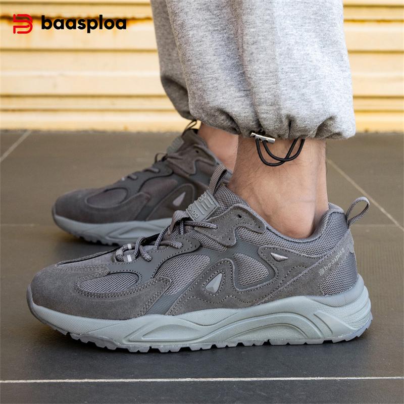 BAASPLOA Scarpe sportive casual da uomo in pelle scamosciata + tessuto a rete, di marca, di qualità, da uomo, da corsa, quotidiane, traspiranti, comode, antiscivolo, scarpe casual da uomo