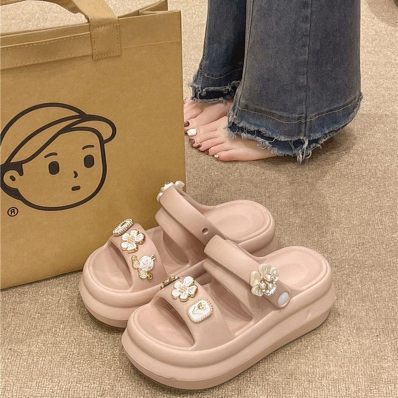 High-heeled sandals women's summer fashion outer wear cute flower pearl platform two wear beach non-slip cool slippers