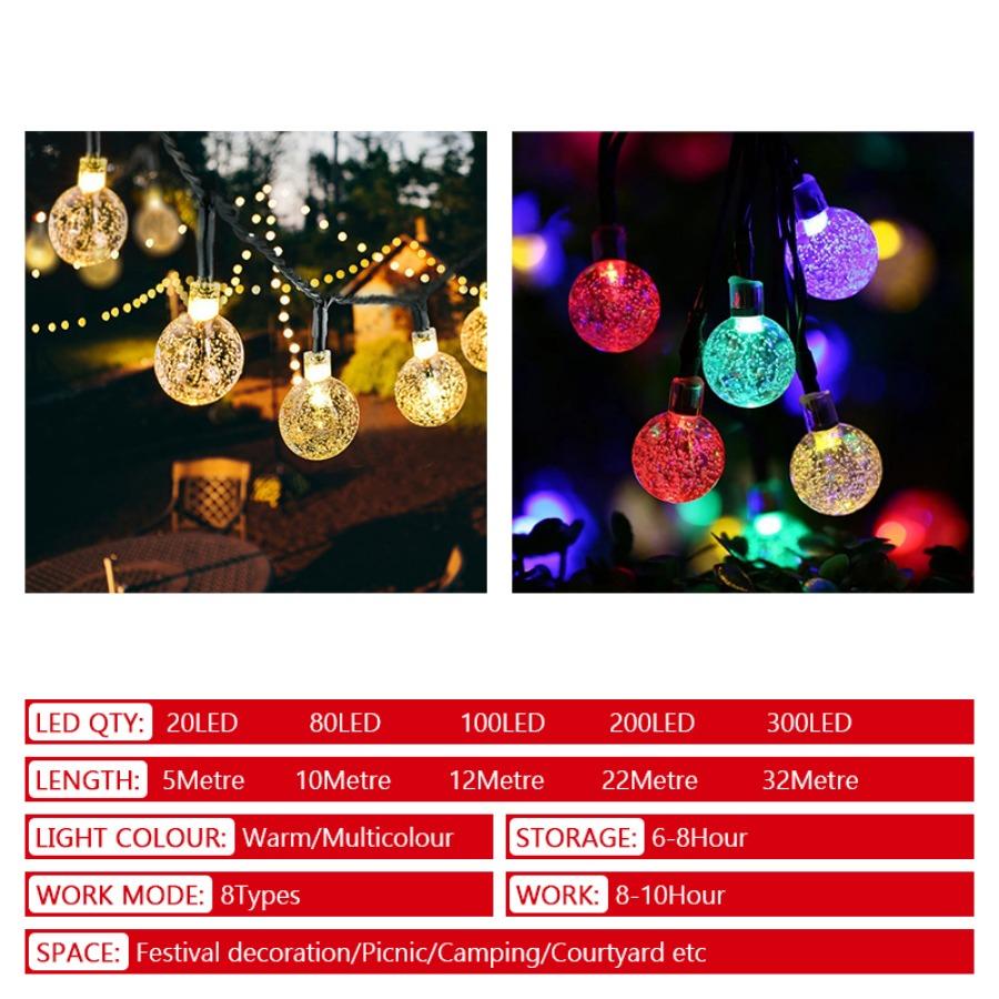 5-32M Outdoor LED Solar Light String 8-mode Crystal Ball Waterproof Courtyard Light Camping Garden Party Festival Decoration