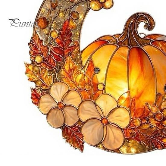 Chique Herfstachtige Sfeer Hangend Stuk Glas-in-lood Pompoen Maan Zonenvanger, Acryl Halve Maan Raamdecoratie met Halloween Thanksgiving Decoratief